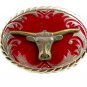 Western Cowboy Silvertone & Red Long Horn Belt Buckle #102113
