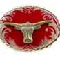 Western Cowboy Silvertone & Red Long Horn Belt Buckle #102113