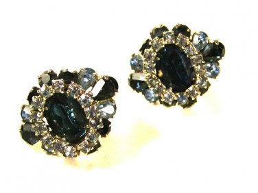 Vintage Blue & White Rhinestone Clip On Earrings by HOBE 71215