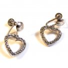 Vintage Sterling Silver & Marcasites Dangly Heart Screw Back Earrings