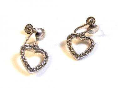 Vintage Sterling Silver & Marcasites Dangly Heart Screw Back Earrings