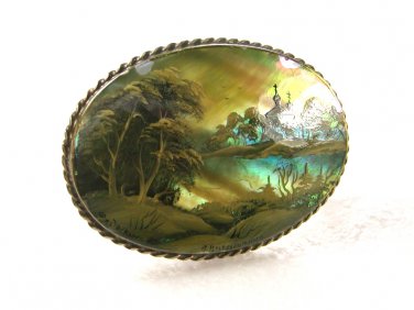 Vintage Russian ? Church Woods River Mother of Pearl Brooch Unbranded 630915