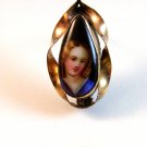 Vintage Hand Painted Porcelain Young Lady or Child in Blue Tear Drop Brooch