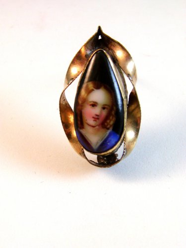 Vintage Hand Painted Porcelain Young Lady or Child in Blue Tear Drop Brooch