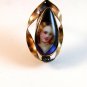Vintage Hand Painted Porcelain Young Lady or Child in Blue Tear Drop Brooch