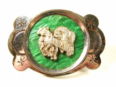 1950's Silvertone Green Bakelite Wagon Horse Belt Buckle Unbranded Made Japan