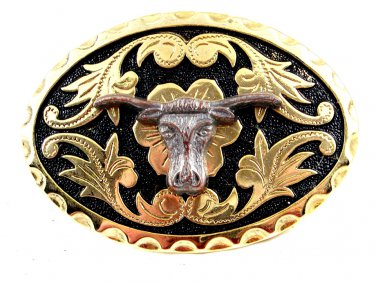 Western Goldtone Black Bull Head Belt Buckle #102113k