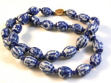 Vintage 24" Chinese Blue Delft Bead Necklace
