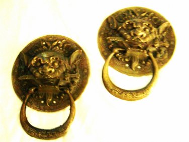 Antique Vintage Chinese Fu Dog Lion Spirit Two 2 Temple Door Knockers