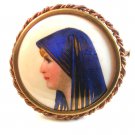 Large Vintage Hand Painted Porcelain Lady in Blue Brooch LImoges France