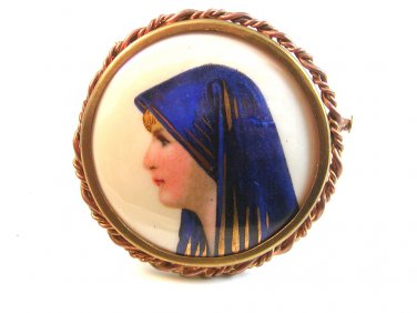 Large Vintage Hand Painted Porcelain Lady in Blue Brooch LImoges France