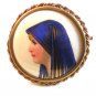 Large Vintage Hand Painted Porcelain Lady in Blue Brooch LImoges France