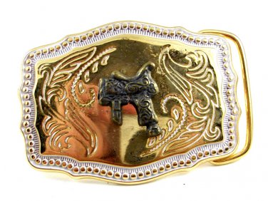Made in USA Western Cowboy White & Gold Tone Saddle Belt Buckle #102113