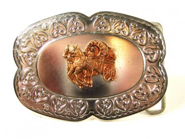 1950's Western Silvertone & Copper Wagon Horses Belt Buckle Unbranded 71415