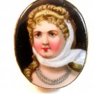 Vintage Hand Painted Porcelain Lady w/ Blue Necklace Brooch
