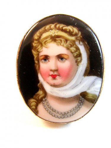 Vintage Hand Painted Porcelain Lady w/ Blue Necklace Brooch