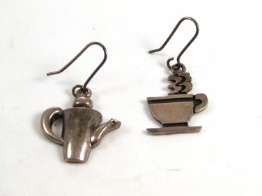 Sterling Silver Tea & Tea Cup or Coffee Pot & Coffee Cup Pieced Earrings