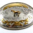 Huge Mexican Western Cowboy Silver & Gold Tone Horse Belt Buckle 10312013