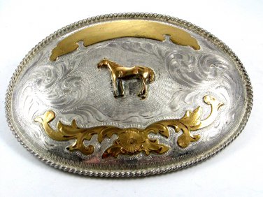 Huge Mexican Western Cowboy Silver & Gold Tone Horse Belt Buckle 10312013