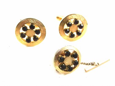 1970's Goldtone & Red Rhinestones Cufflinks & Tie Tac By Anson101014