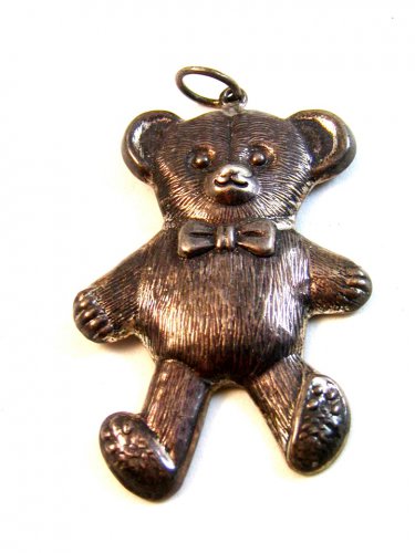 Vintage Textured Sterling Silver Teddy Bear w/ Bow Tie Pendant