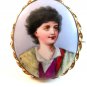 Vintage Hand Painted Porcelain Lady w/ Red Sash Brooch
