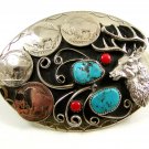 Southwest Handcrafted Buck Deer 4 Nickels Coral Turquoise Belt Buckle USA