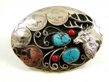 Southwest Handcrafted Buck Deer 4 Nickels Coral Turquoise Belt Buckle USA