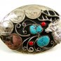 Southwest Handcrafted Buck Deer 4 Nickels Coral Turquoise Belt Buckle USA