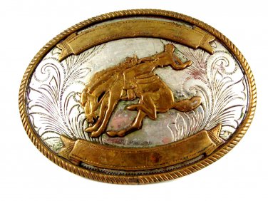 Nickel Slver Western Rodeo Cowboy Riding Wild Horse Belt Buckle 11072013