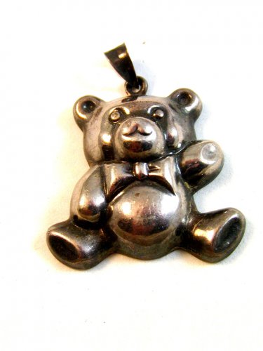 Vintage Sterling Silver Teddy Bear w/ Bow Tie Pendant