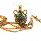 Vintage Gold Tone & Green & Rhinestones Pendant & 36" Chain