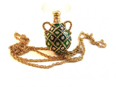 Vintage Gold Tone & Green & Rhinestones Pendant & 36" Chain
