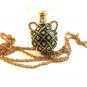 Vintage Gold Tone & Green & Rhinestones Pendant & 36" Chain
