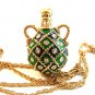 Vintage Gold Tone & Green & Rhinestones Pendant & 36" Chain