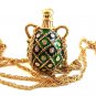 Vintage Gold Tone & Green & Rhinestones Pendant & 36" Chain