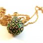 Vintage Gold Tone & Green & Rhinestones Pendant & 36" Chain