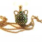 Vintage Gold Tone & Green & Rhinestones Pendant & 36" Chain