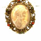 Goldtone Shell Cameo w 6 Surrounding Stones Brooch By GENO 102014
