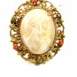 Goldtone Shell Cameo w 6 Surrounding Stones Brooch By GENO 102014