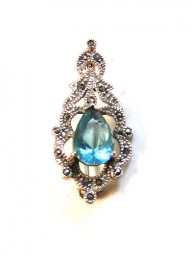Sterling Silver & Marcasites & Blue Stone Brooch