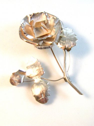 Signed FCS Vintage Mexican Taxco Sterling Silver Flower Rose Brooch