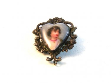 Vintage Sterling Silver Miniature Hand Painted Portrait Heart Brooch