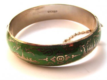 Vintage Siam Sterling Silver Green Niello Dancer Bangle Bracelet