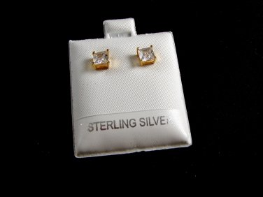 Sterling Silver w Gold Vermeil CZs Pierced Studs Earrings