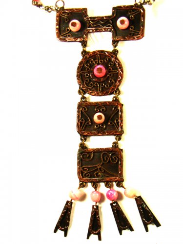 Mexican Copper Pink Stones Native 24" Chain Dangley Necklace Unmarked 72215