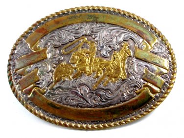 Western Silver & Gold Tone Rodeo Cowboy Calf Roping Belt Buckle 10312013