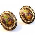 Silver Tone Pic of 18th Cenury Couple Faux Pearls Screw Back Earrings