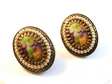 Silver Tone Pic of 18th Cenury Couple Faux Pearls Screw Back Earrings