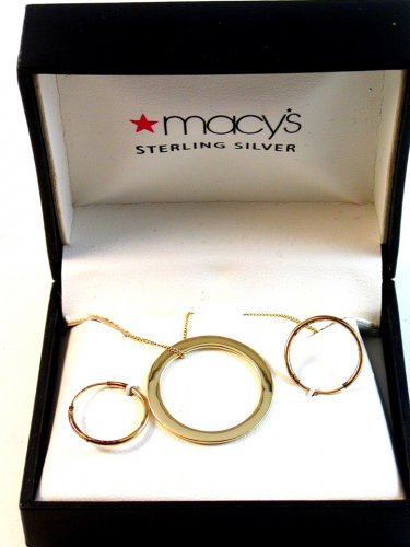 Sterling Silver Gold Vermail Circle Pendant / 18" Chain & Earrings MIB